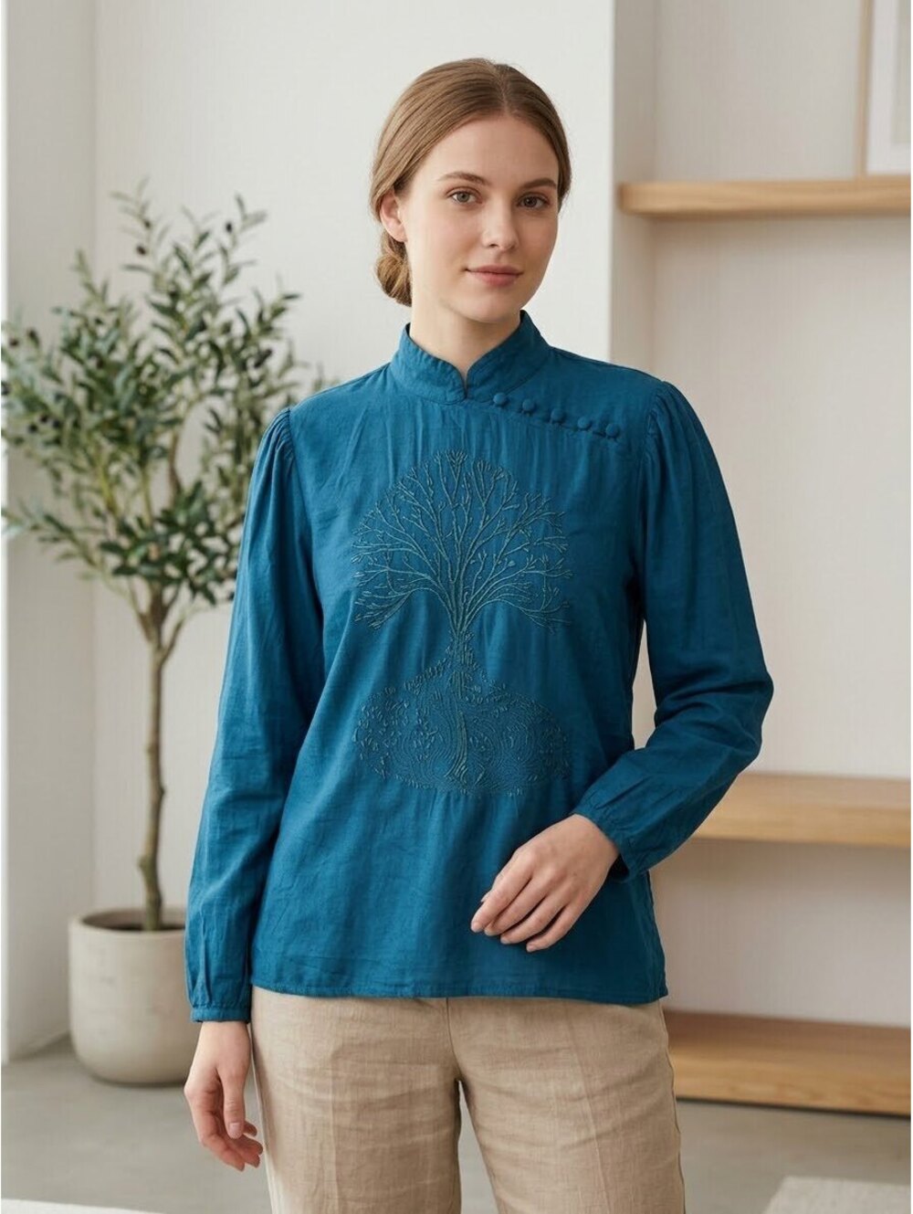 Jins Heilman Teal Silk Embroidered Blouse Size 8